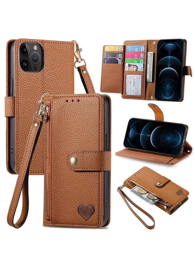 زبون جراب هاتف iPhone 12 Pro Max Love Zipper Lanyard Leather - Image 1