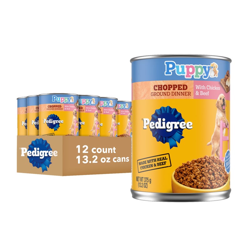 Pedigree Puppy Chopped Ground Dinner Wet Puppy Food with Chicken & Beef, 13.2 oz. Cans, 12 Count - Image 1