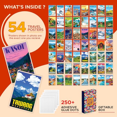 CodersParadise Vintage India Travel Wall Collage Kit | 54 PCS Premium 4×6" Cardstock Photo Posters | Aesthetic Retro Room Décor for Home, Bedroom & Dorm | Travel-Themed Wall Art + Glue Dots Included - Image 4