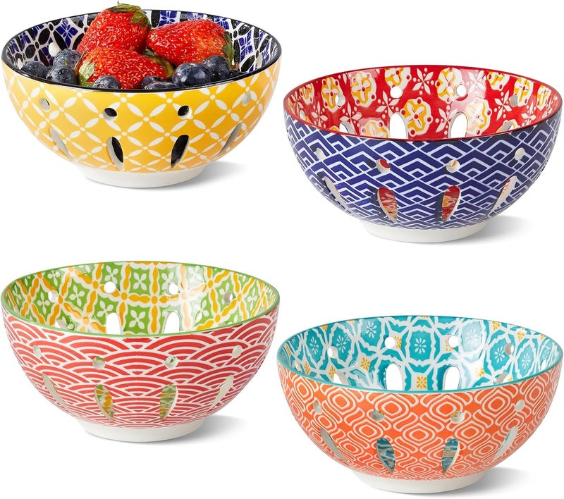 Metahom Ceramic Berry Basket 6 Colorful Fruit Bowl Round Berry Colander Cute Small Container for Strawberry Fruit Basket for Kitchen Counter Set of 4 - Image 1