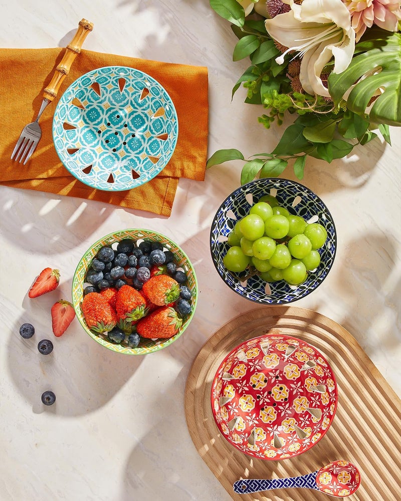 Metahom Ceramic Berry Basket 6 Colorful Fruit Bowl Round Berry Colander Cute Small Container for Strawberry Fruit Basket for Kitchen Counter Set of 4 - Image 4