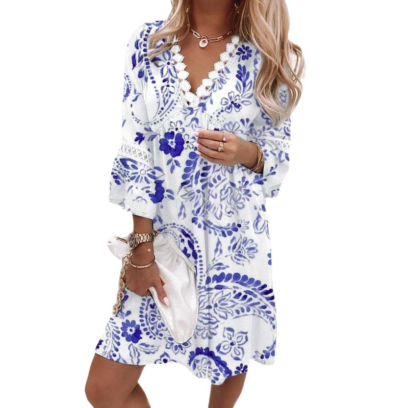 V Neck Lace Patchwork Bohemian Casual Vacation Dress - Image 2