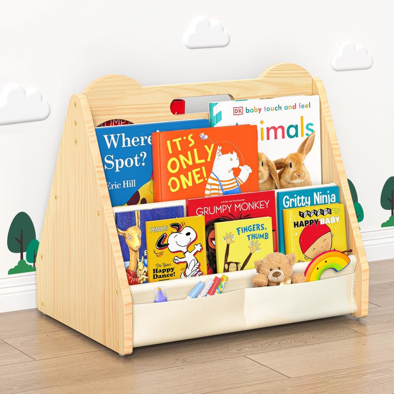 NANATI Solid Pine Wood Kids Bookshelf, Double-Sided Nursery Book Shelves, Portable Toddler Bookshelf, Montessori Bookcase, Book Shelf for Kids Rooms, Childrens Book Storage Display for Bedroom Classroom - Image 1