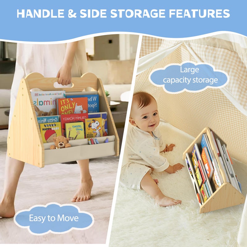 NANATI Solid Pine Wood Kids Bookshelf, Double-Sided Nursery Book Shelves, Portable Toddler Bookshelf, Montessori Bookcase, Book Shelf for Kids Rooms, Childrens Book Storage Display for Bedroom Classroom - Image 3