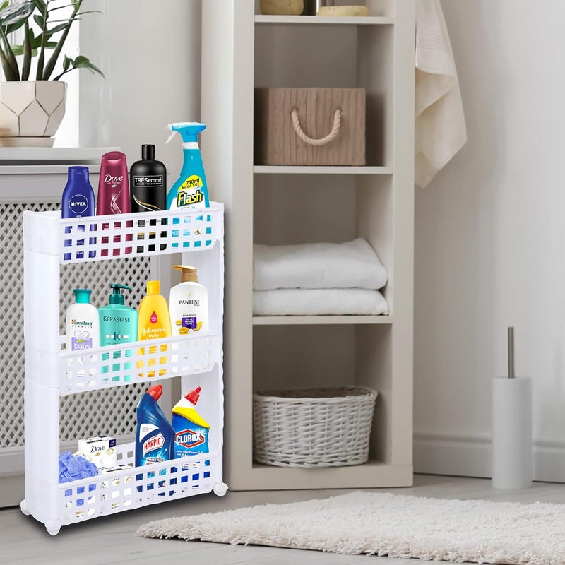 VISHVA Multipurpose Plastic Storage Organizer Slim Rack Shelf with Wheels Slim Slide Out Kitchen Trolley Rack Holder Storage Organizer for Kitchen White 3 Layer - Image 3