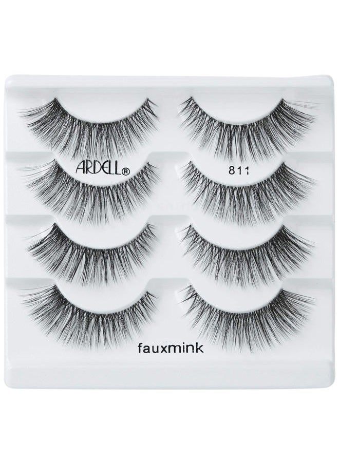 Faux Mink Lashes False Eyelashes 811 - Luxuriously Lightweight, Knot-Free Invisiband, Reusable Strip Lashes, 4 Pairs, 1 Pack