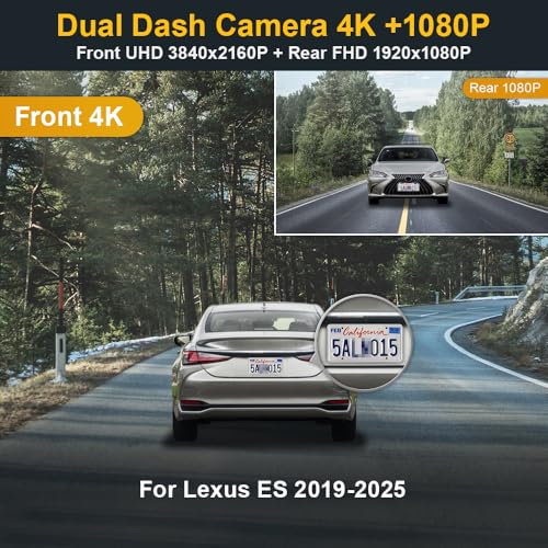 FITCAMX كاميرا داش فيت كام إكس أمامية 2160P + خلفية 1080P تناسب لكزس ES 2019-2025 ES350 ES300h ES250 F Sport، تصميم OEM، فيديو مزدوج عالي الدقة، واي فاي مدمج وتطبيق، تسجيل متكرر، مستشعر G، سهل الاستخدام، بطاقة 128GB - Image 2