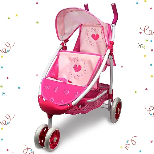 ANIVIA Twin Doll Stroller Heart Design 11 Foldable Double Doll Pram Suitable for Ages 3 Dolls Up to 36cm Pink DA601T Black - Image 1