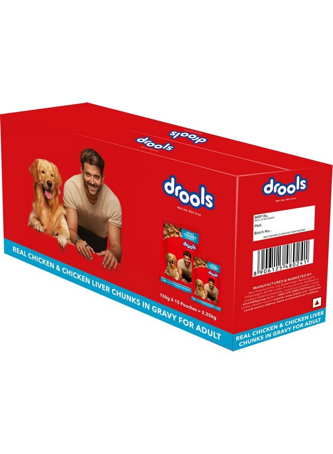 Drools Adult Wet Dog Food, Real Chicken And Chicken Liver Chunks In Gravy,2.25 Kg (150G X 15) Pack Of 15 - Image 1