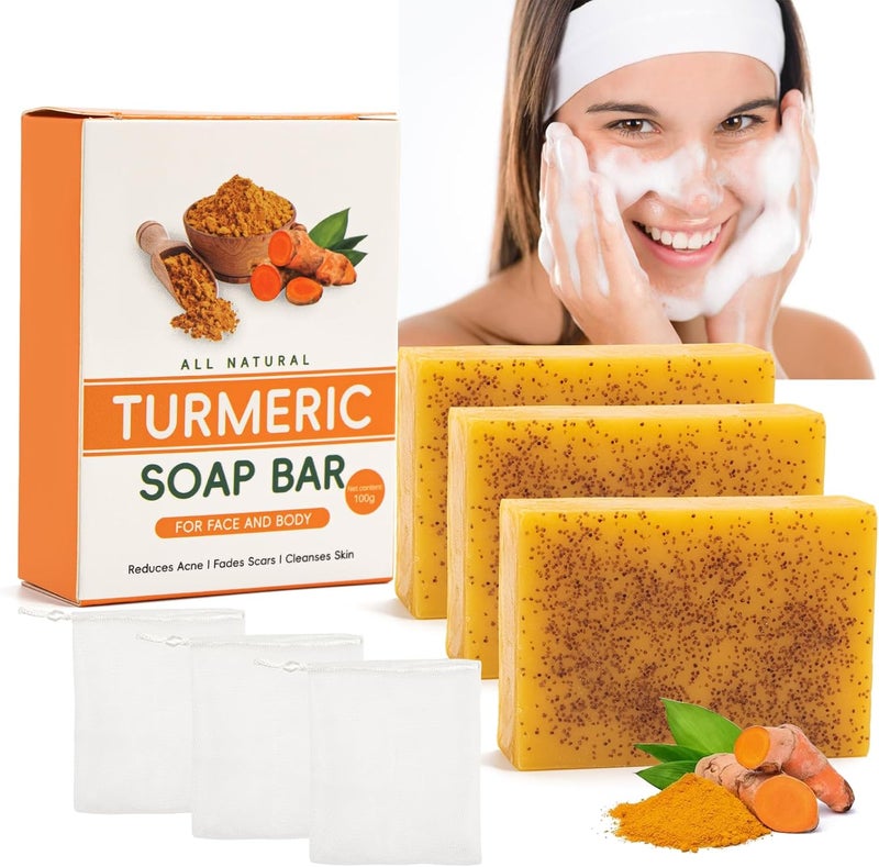 3PCS Turmeric Soap Bar Natural Handmade Turmeric and Kojic Acid Soap with Foaming Nets for Face Body Acne Dark Spots Hyperpigmentation Smooth Skin 3