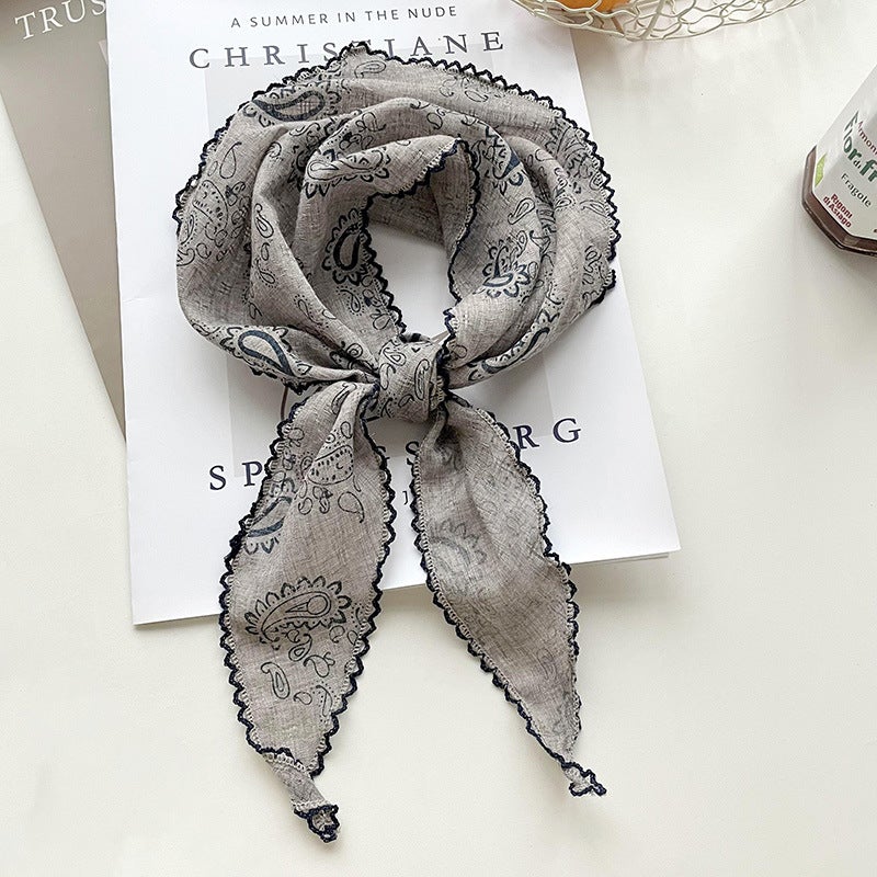 Retro Floral Cotton Linen Scarf for Women Mocha Cashew Flower