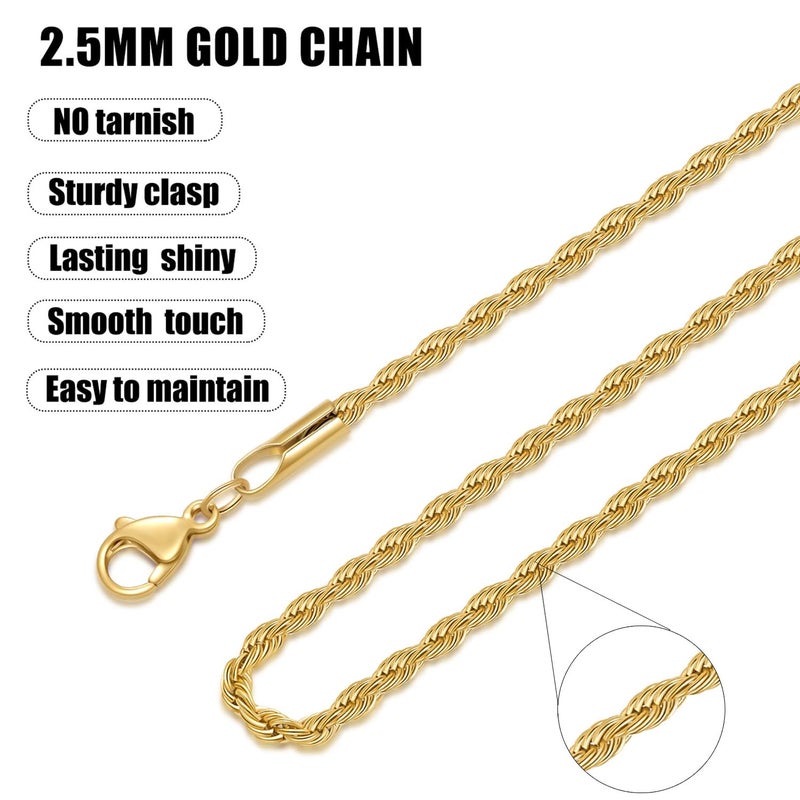 Fiusem Gold Plated Chain Necklace for Men, 2.5mm Mens Chain Necklace, 18K Gold Plated Stainless Steel Rope Chain for Men and Women, Mens Necklace 20 Inch - Image 5