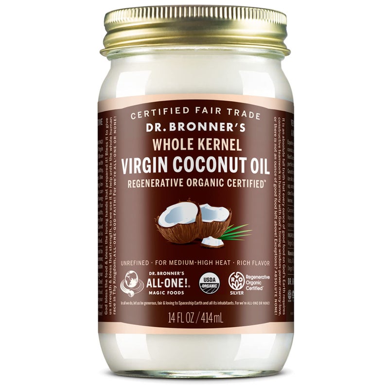 Dr. Bronner's - Organic Virgin Coconut Oil (Whole Kernel, 14 Ounce) - Coconut Oil for Cooking, Baking, Hair & Body, Unrefined & Fresh-Pressed, Rich & Nutty Flavor, Fair Trade, Vegan, Non-GMO - Image 1