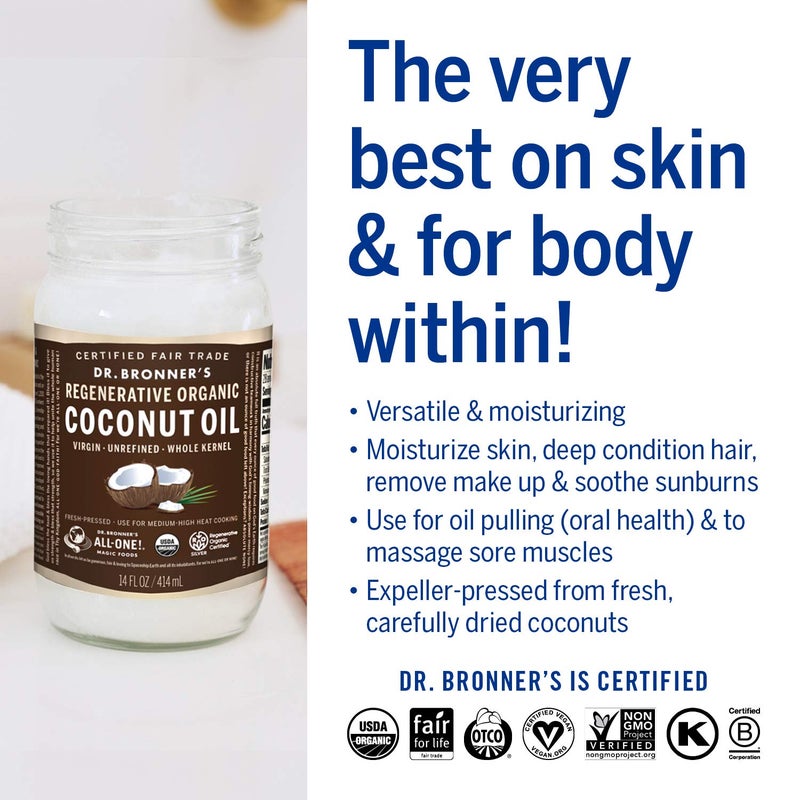 Dr. Bronner's - Organic Virgin Coconut Oil (Whole Kernel, 14 Ounce) - Coconut Oil for Cooking, Baking, Hair & Body, Unrefined & Fresh-Pressed, Rich & Nutty Flavor, Fair Trade, Vegan, Non-GMO - Image 4