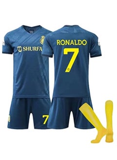 LeenBD Ronaldo No #7 Away Nassr Riyadh Al Kids Soccer Jersey Kit Shorts Socks Set Youth Sizes