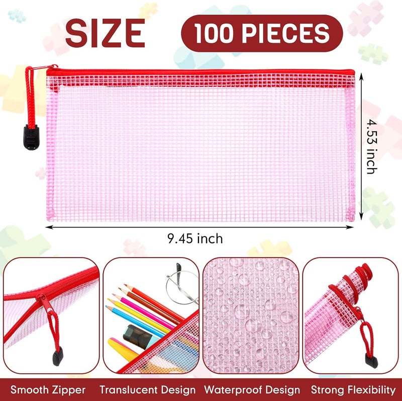 Handepo 100 Pack Mesh Zipper Pouch Pencil Pouches Bulk Clear Storage Bag Small Waterproof Purse Bag Multipurpose for Cash Board Game Passport Office(A6/9.45x4.53in,Red) - Image 2