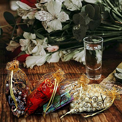 Staruby Organza Gift Bags 100Pcs Gold Sheer Organza Bag 4x6 Inch Mesh Favor Bags Drawstring Jewelry Rattan Printed Gift Pouches for Wedding Party Favors Couple Shower Christmas Gifts Candy Bags - Image 5