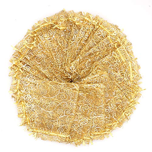 Staruby Organza Gift Bags 100Pcs Gold Sheer Organza Bag 4x6 Inch Mesh Favor Bags Drawstring Jewelry Rattan Printed Gift Pouches for Wedding Party Favors Couple Shower Christmas Gifts Candy Bags - Image 4