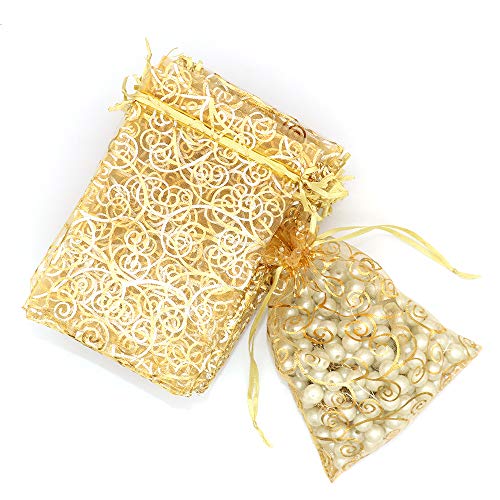 Staruby Organza Gift Bags 100Pcs Gold Sheer Organza Bag 4x6 Inch Mesh Favor Bags Drawstring Jewelry Rattan Printed Gift Pouches for Wedding Party Favors Couple Shower Christmas Gifts Candy Bags - Image 3