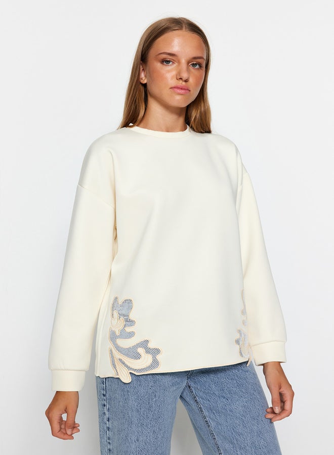 trendyol Ecru Organza Lace Detailed Diver/Scuba Knitted Sweatshirt - Image 3