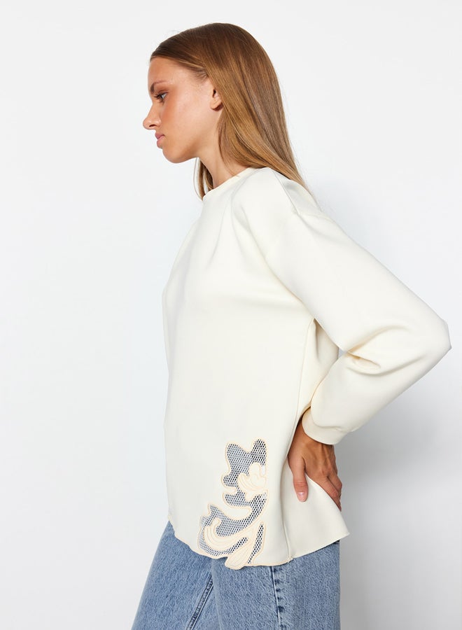 trendyol Ecru Organza Lace Detailed Diver/Scuba Knitted Sweatshirt - Image 4