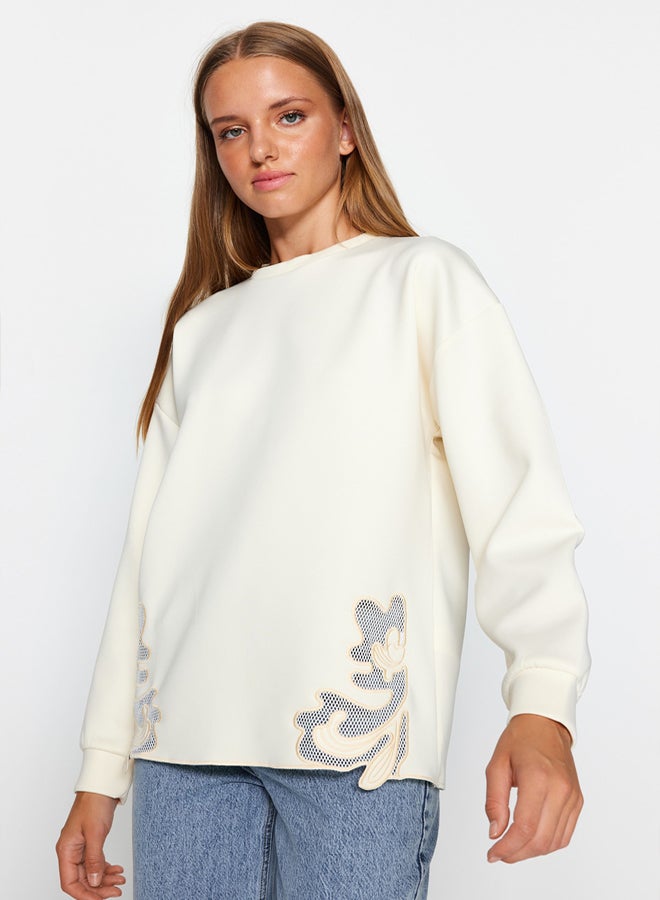 trendyol Ecru Organza Lace Detailed Diver/Scuba Knitted Sweatshirt - Image 2