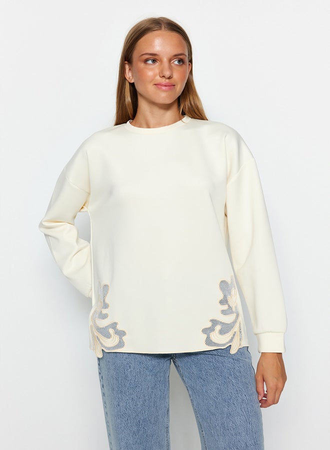 trendyol Ecru Organza Lace Detailed Diver/Scuba Knitted Sweatshirt - Image 1