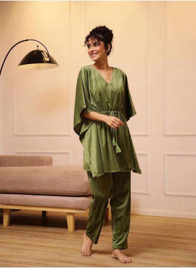 sanskrutihomes Velvet Look Drawstring Kaftan Top and Pyjama Set by Styli  - Image 3