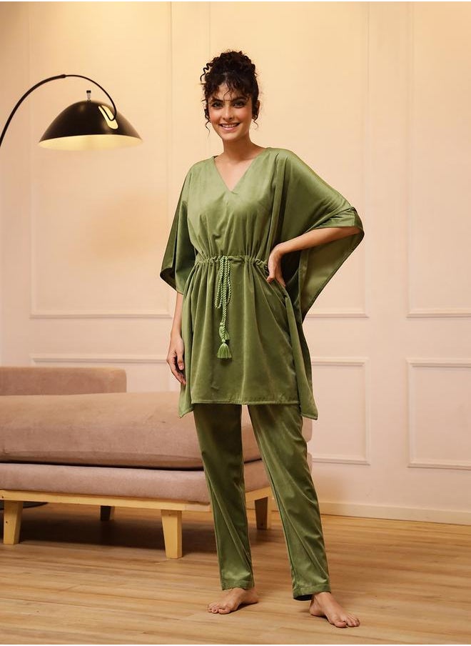 sanskrutihomes Velvet Look Drawstring Kaftan Top and Pyjama Set by Styli  - Image 1