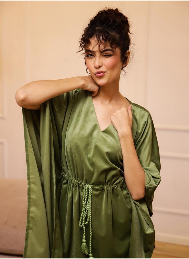 sanskrutihomes Velvet Look Drawstring Kaftan Top and Pyjama Set by Styli  - Image 4