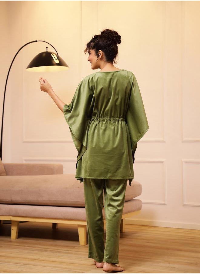 sanskrutihomes Velvet Look Drawstring Kaftan Top and Pyjama Set by Styli  - Image 2