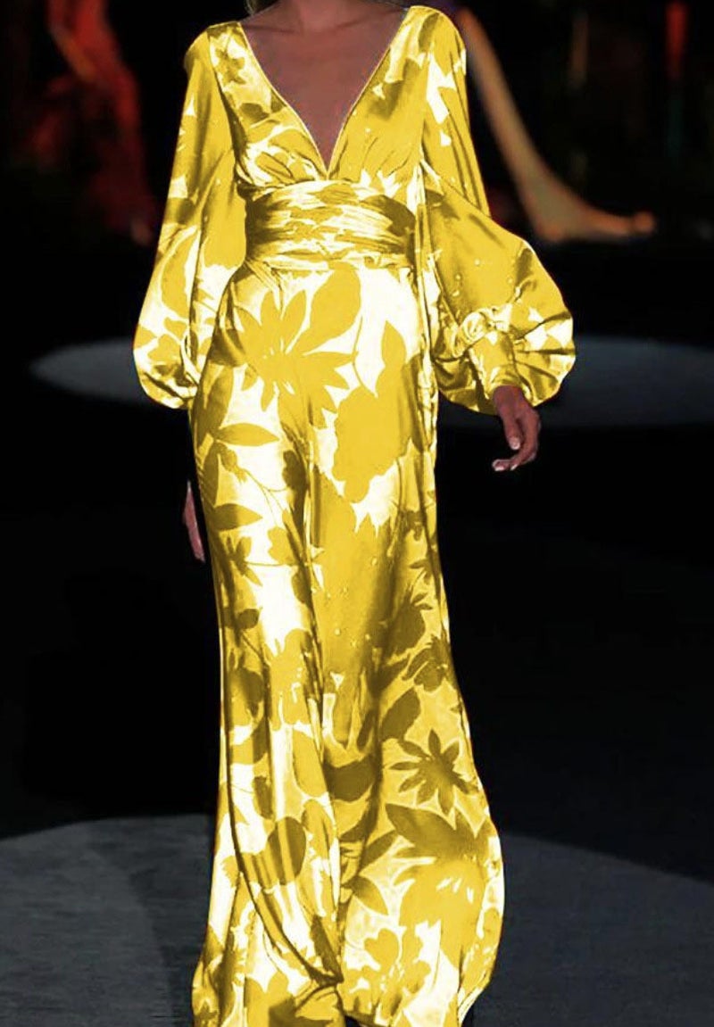 Hot selling lady [Paris show] export dress lantern sleeve design V-neck dress Yellow
