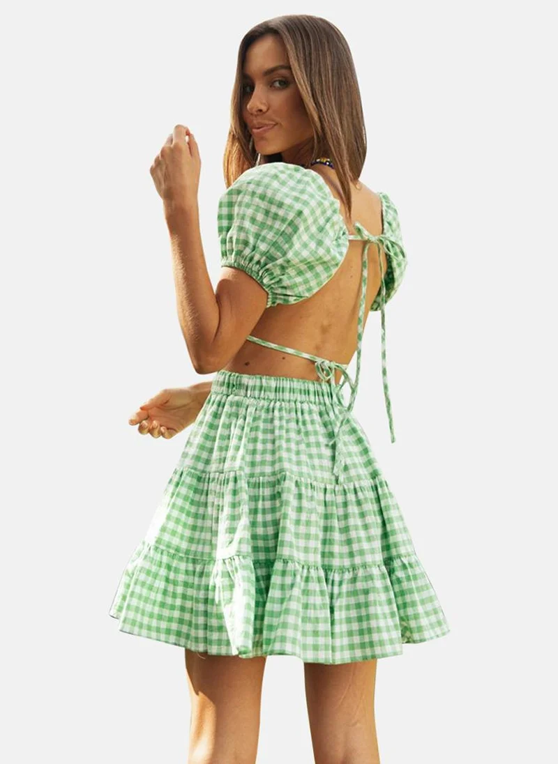 يونيكي Green & White Checkered Sweetheart Neck Top With Skirt