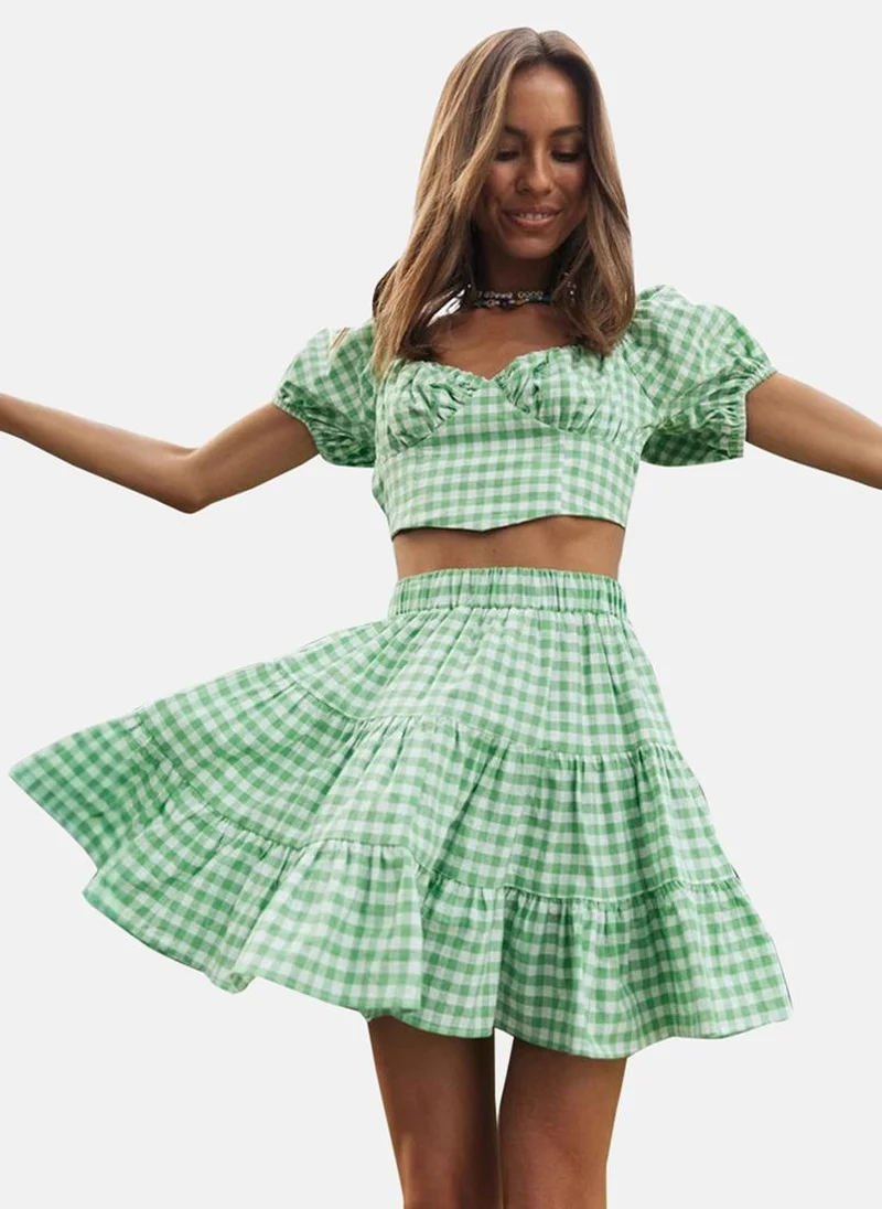 يونيكي Green & White Checkered Sweetheart Neck Top With Skirt