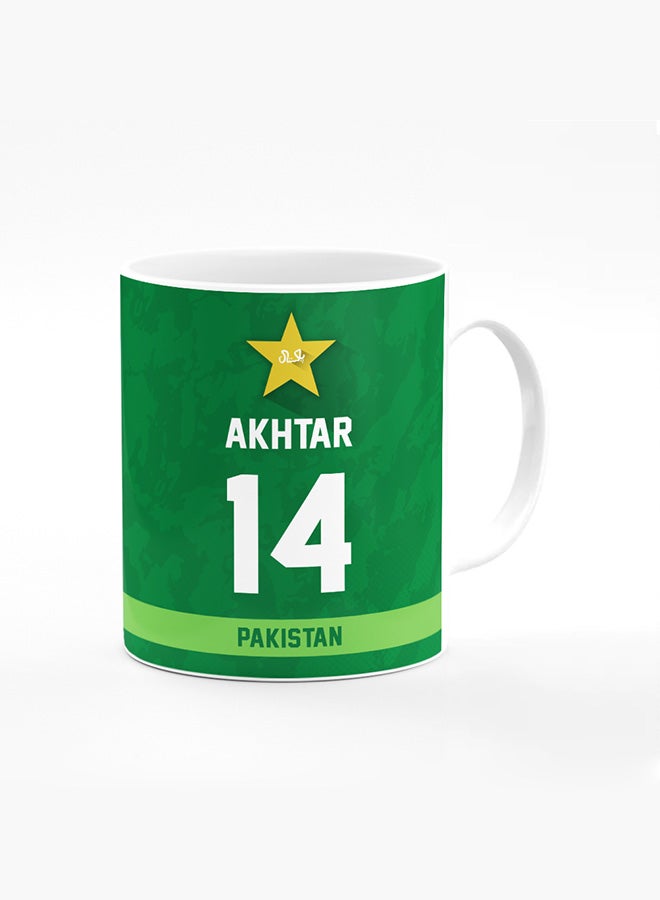 Stylizedd Designer Printed Coffee Mug with Heavy Duty Handle 11oz Ceramic Personalised Gift Mugs Cup - Cricket Player - Shoaib Akhtar, Jersey Number - 14 (With Logo) - Image 1
