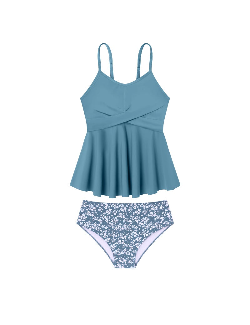 Fuermos Girls Tankini Swimsuit 2 Piece Criss Cross Ruffled Bathing Suit with Adjustable Straps Girls' Swimwear for 13-14Y Deep Blue - Image 1