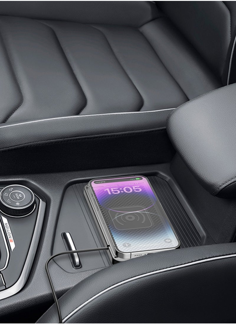 QI Wireless Car Charger Pad - Non-Invasive Installation for Center Console & Storage Drawers, Soft Silicone Material with Strong Adhesion, Compatible with iPhone, Samsung, Huawei, Xiaomi