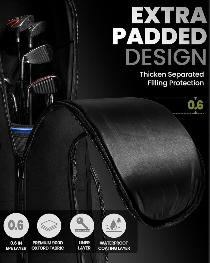 OutdoorMaster Padded Golf Travel Bag with Reinforced Wheels, 900D Heavy Duty Oxford Wear-Resistant and Waterproof Golf Travel Case, Soft-Sided Golf Club Bag, Shoes and Accessories Compartment - Image 2