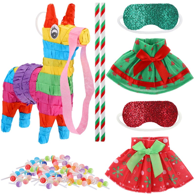 PullCrease 37 Pcs Christmas Doll Skirt and Accessories Set Christmas Doll Dresses Holiday Clothes Costume Mini with Pinata Blindfold Sticks Mini Candy Miniatures for Xmas Party Decoration - Image 3