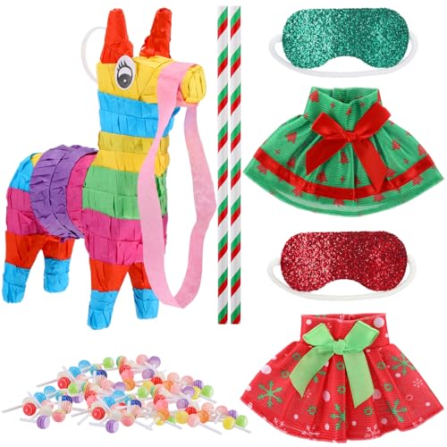 PullCrease 37 Pcs Christmas Doll Skirt and Accessories Set Christmas Doll Dresses Holiday Clothes Costume Mini with Pinata Blindfold Sticks Mini Candy Miniatures for Xmas Party Decoration - Image 1