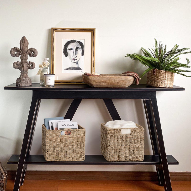 DINGTAI Seagrass Storage Baskets, 12X12X10in Cube Wicker Storage Basket for Shelves, Pantry Baskets Organization and Storage, Kitchen Storage Baskets, Bathroom Shelves Storage Basket Set of 3 - Image 2