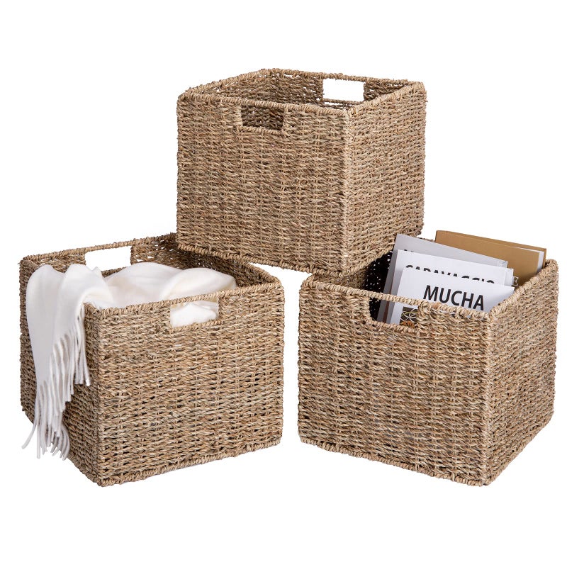 DINGTAI Seagrass Storage Baskets, 12X12X10in Cube Wicker Storage Basket for Shelves, Pantry Baskets Organization and Storage, Kitchen Storage Baskets, Bathroom Shelves Storage Basket Set of 3 - Image 3