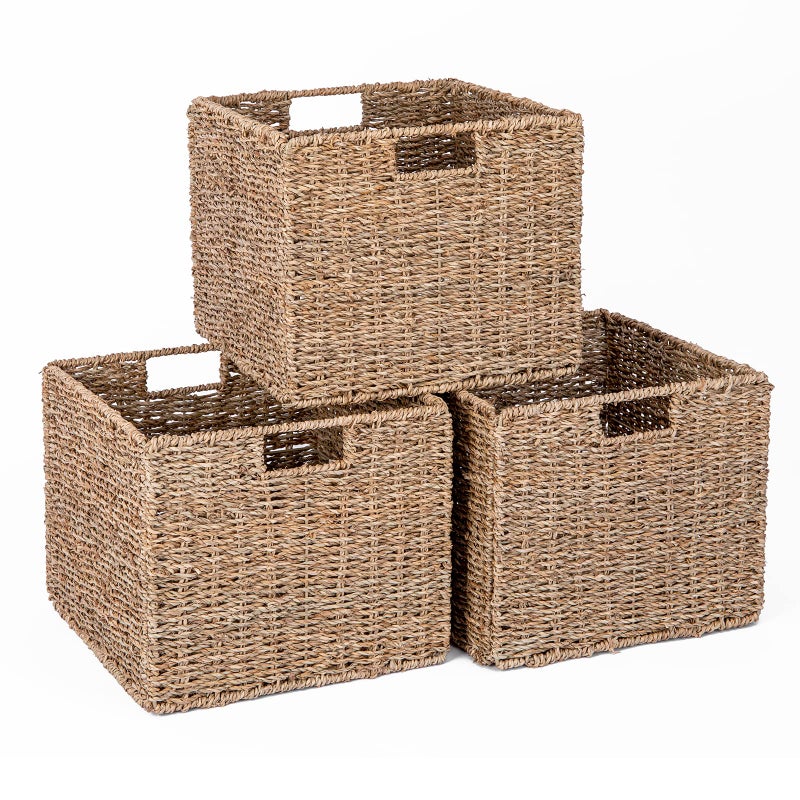 DINGTAI Seagrass Storage Baskets, 12X12X10in Cube Wicker Storage Basket for Shelves, Pantry Baskets Organization and Storage, Kitchen Storage Baskets, Bathroom Shelves Storage Basket Set of 3 - Image 1