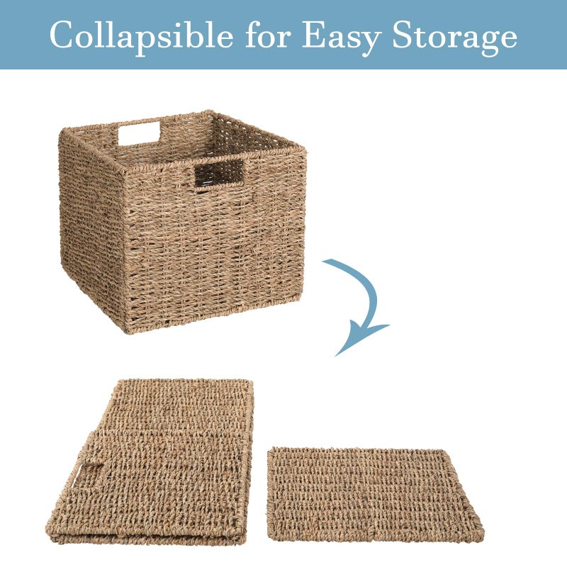DINGTAI Seagrass Storage Baskets, 12X12X10in Cube Wicker Storage Basket for Shelves, Pantry Baskets Organization and Storage, Kitchen Storage Baskets, Bathroom Shelves Storage Basket Set of 3 - Image 5