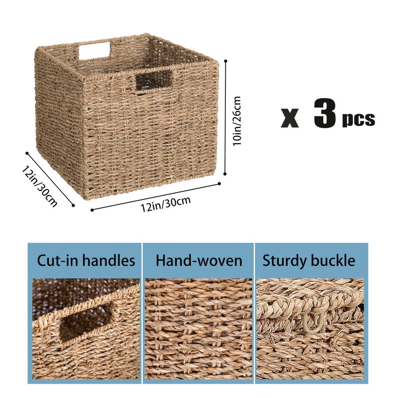 DINGTAI Seagrass Storage Baskets, 12X12X10in Cube Wicker Storage Basket for Shelves, Pantry Baskets Organization and Storage, Kitchen Storage Baskets, Bathroom Shelves Storage Basket Set of 3 - Image 4