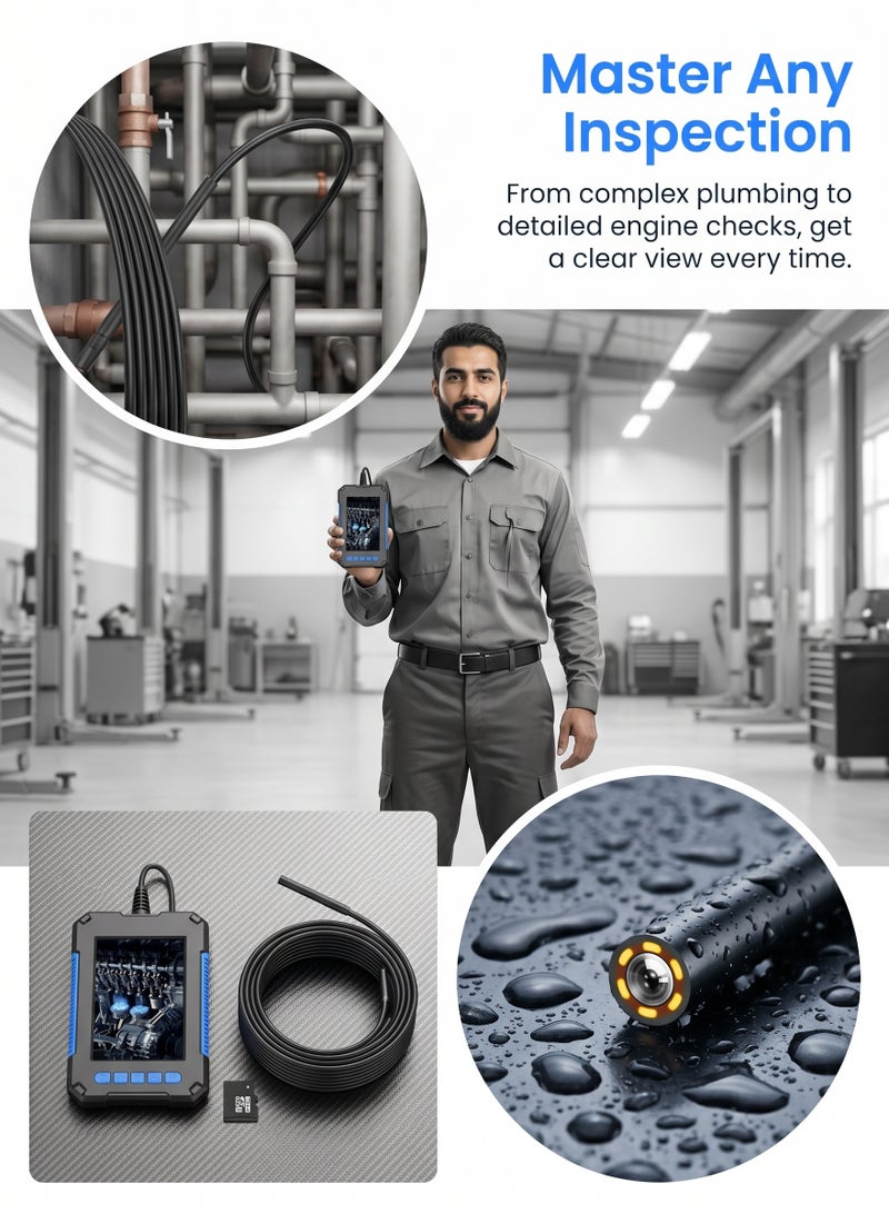 Industrial endoscope camera with illumination, 1080P high-definition endoscope tool, equipped with 6 adjustable LED lights, 4.3-inch endoscope, IP67 waterproof inspection endoscope. - Image 4