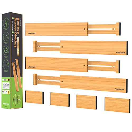 ANTOWIN Bamboo Drawer Dividers Organizers, Drawer Separators Splitter,13-17 inches Long Adjustable Spring-loaded Organizer for Large Utensil, Clothes, Tools Drawers (4+3) - Image 1