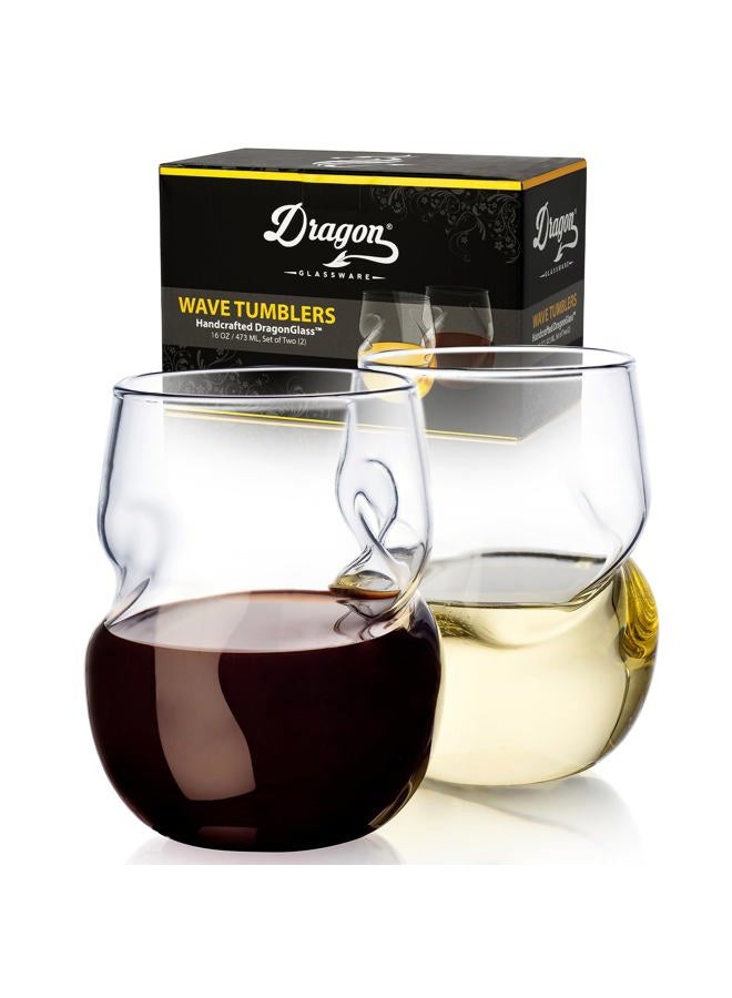 Dragon Glassware Stemless Wine Glasses - 16 oz Clear Short Wine Glasses Set of 2 with Finger Indentations - Aerates Naturally - Image 1