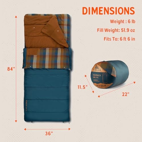 Kelty Wayback Flannel Lined Sleeping Bag, Built in Blanket, Traditional Rectangle Shape, Organic Flannel Cotton Liner, Dual Locking Slide Zips (Reflecting Pond) - Image 2