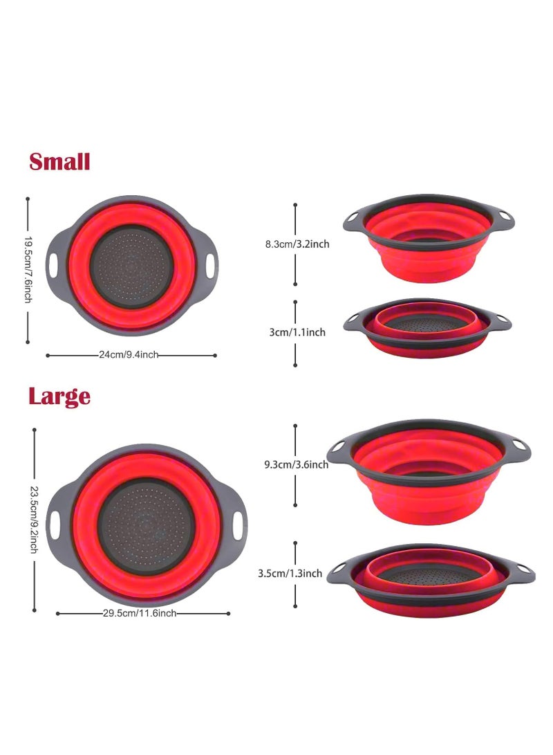 Folding Colander, 2-Piece Folding Colander, Space-Saving Kitchen Colander, Food-Grade Silicone Folding Colander With Handle, 1 Large + 1 Small (Red) - Image 2